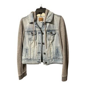 American Eagle Outfitters Denim Jacket with Gray Knit Sleeves and Hood Size M